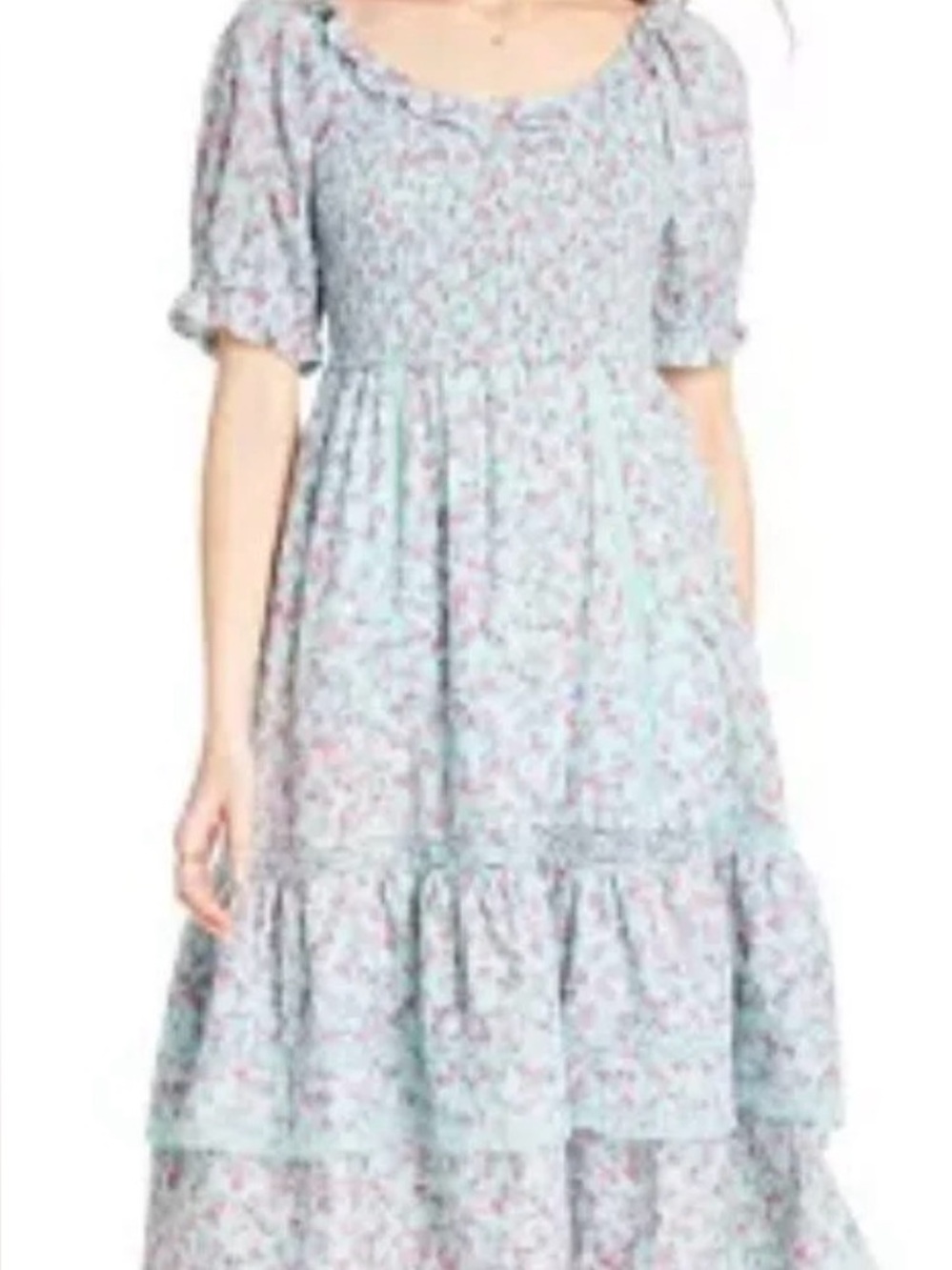 LoveShackFancy Mint Floral Smocked Top with Pink Accents